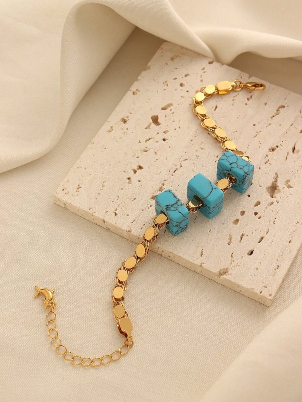 Yellow Gold Elegant Women's 3-Stone Beaded Bracelet - Picture 2 of 4